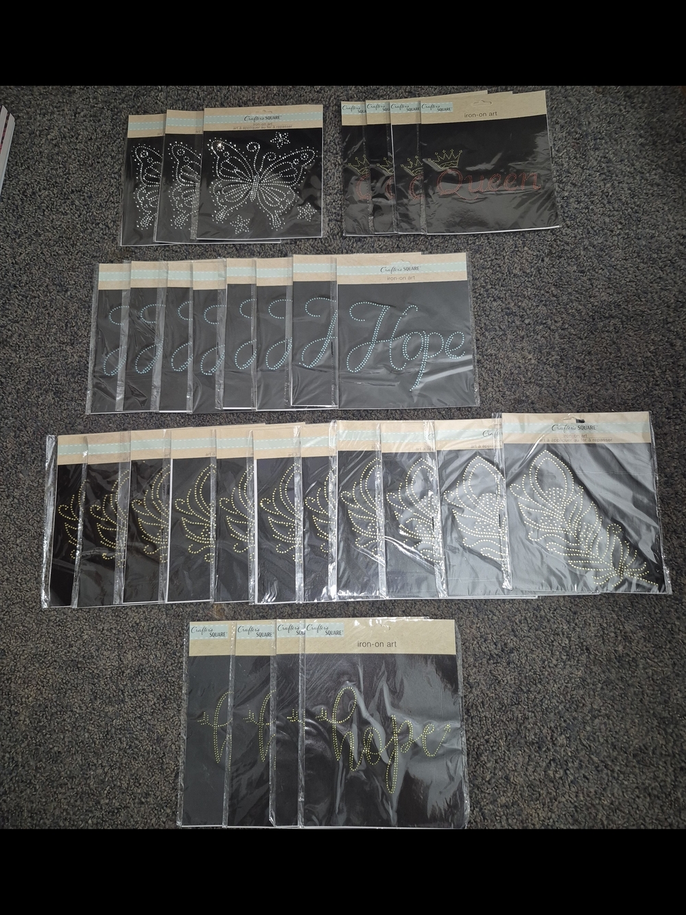 Huge Lot 30pc Crafter's Square Rhinestone Iron-On Transfers - Butterflies & Word